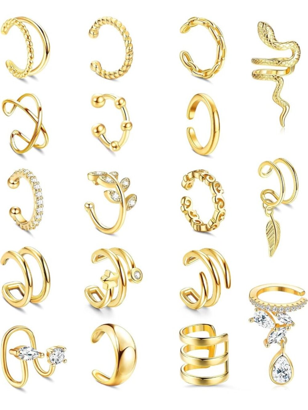18 Pcs Non-Piercing Ear Cuffs for Women | Adjustable 14K Gold Plated Clip-On